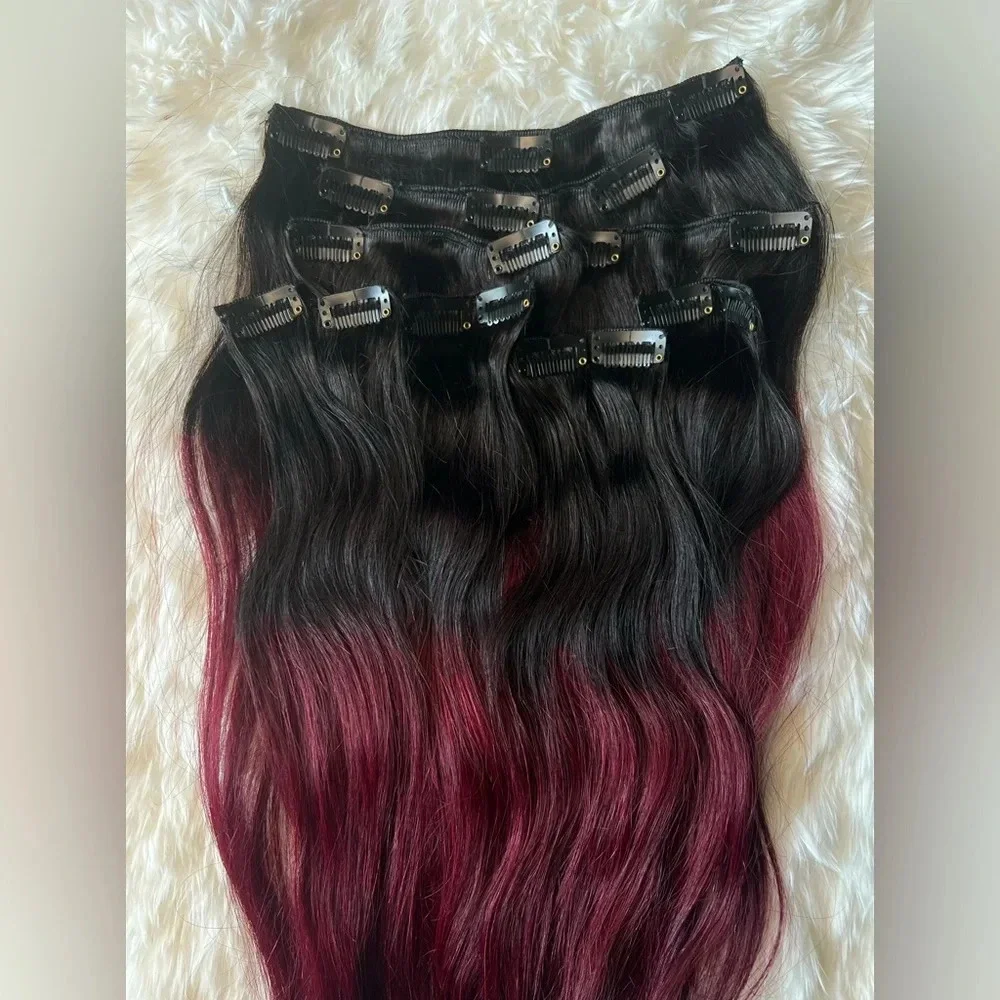 16 Inch Clip in Hair Extensions Ombre black to Burgundy